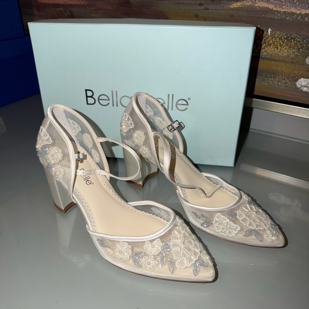 Bella Belle Something Blue Ivory Block Heel Wedding Shoes.  Vivian style.